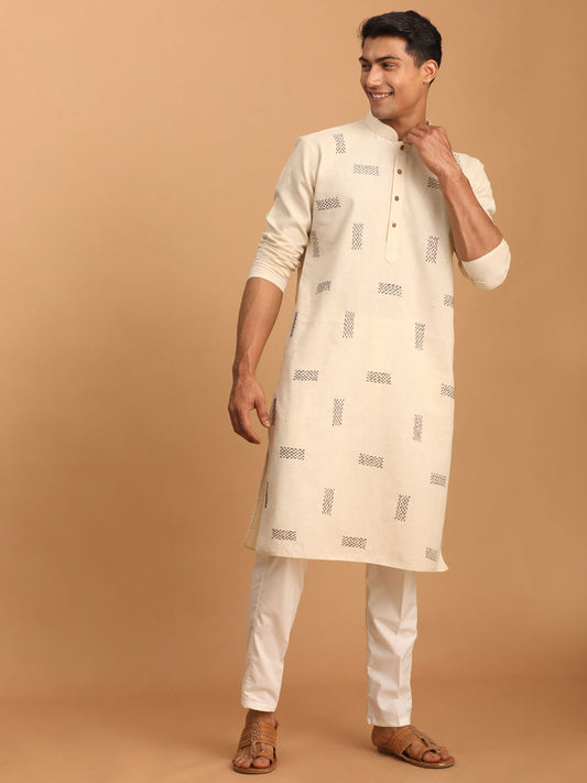 Men's Cream Cotton Straight Kurta Pyjama Set