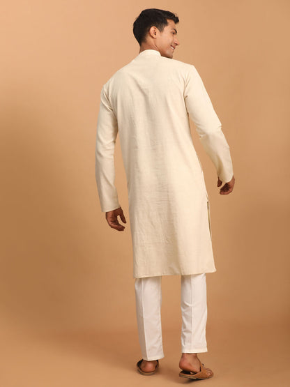 Men's Cream Cotton Straight Kurta Pyjama Set
