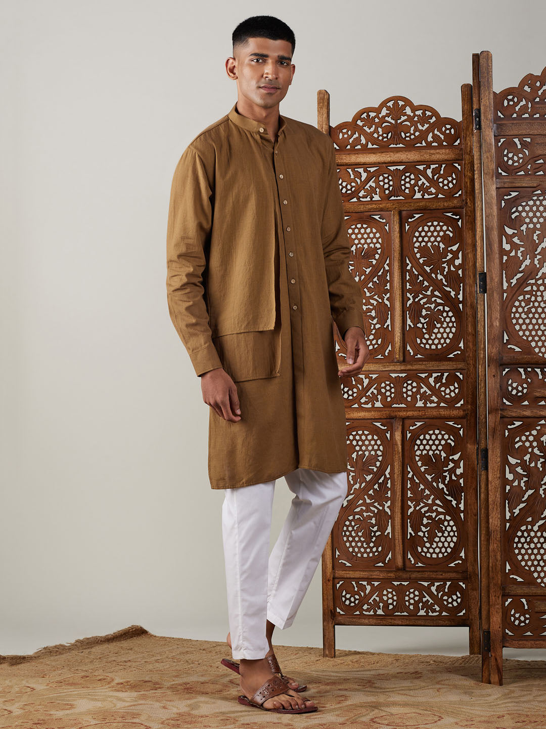 Men's Coffee Cotton Straight Kurta Pyjama Set