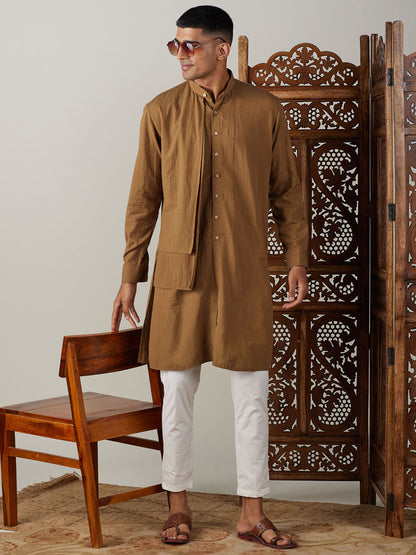 Men's Coffee Cotton Straight Kurta Pyjama Set