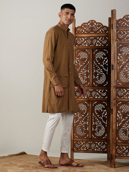 Men's Coffee Cotton Straight Kurta Pyjama Set