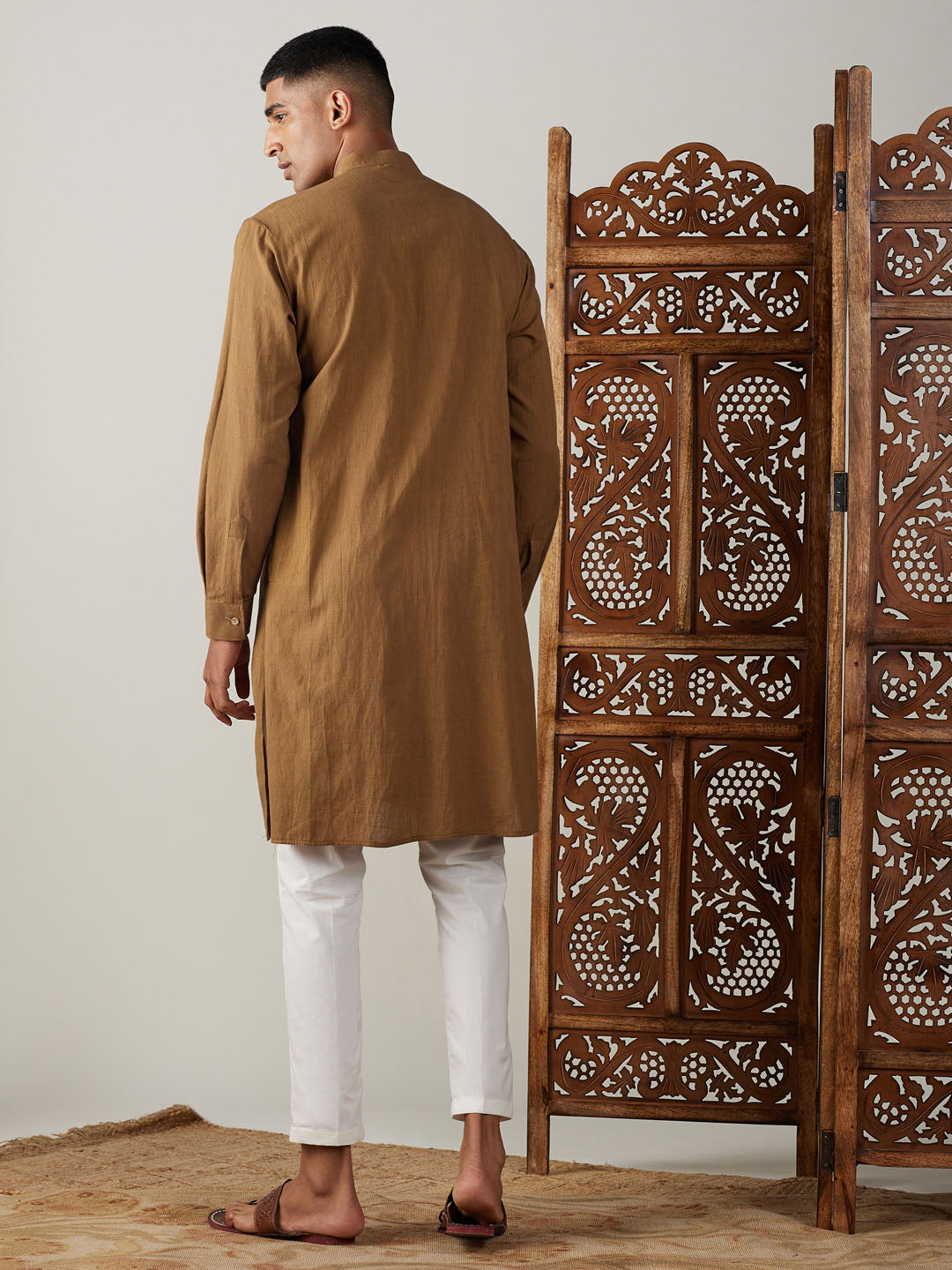 Men's Coffee Cotton Straight Kurta Pyjama Set