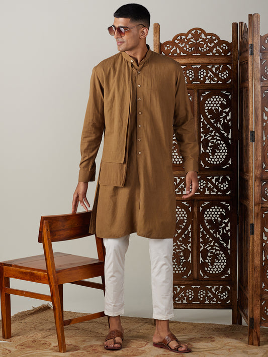Men's Coffee Cotton Straight Kurta Pyjama Set
