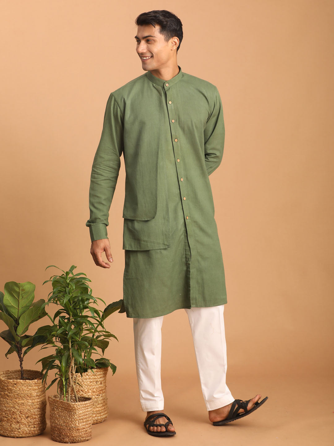Men's Green Cotton Straight Kurta Pyjama Set