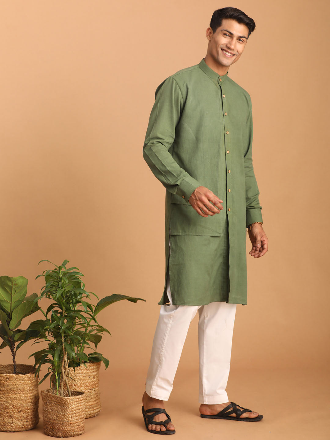 Men's Green Cotton Straight Kurta Pyjama Set