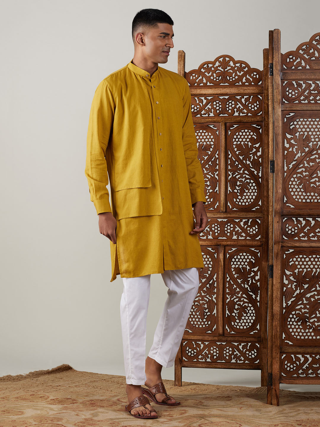 Men's Mustard Cotton Straight Kurta Pyjama Set