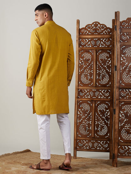 Men's Mustard Cotton Straight Kurta Pyjama Set