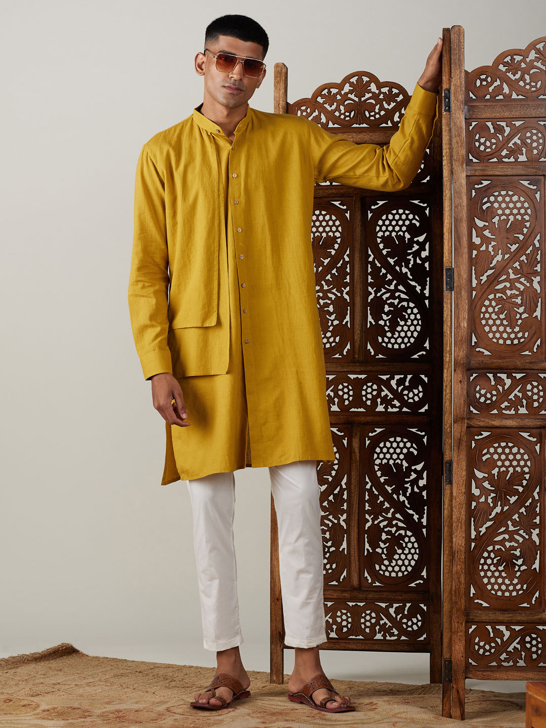 Men's Mustard Cotton Straight Kurta Pyjama Set