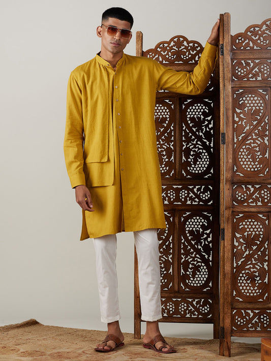 Men's Mustard Cotton Straight Kurta Pyjama Set