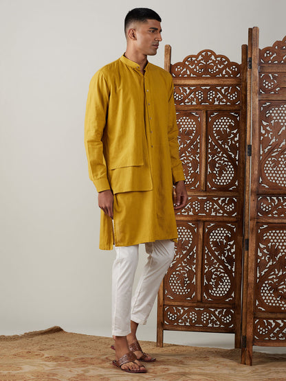 Men's Mustard Cotton Straight Kurta Pyjama Set