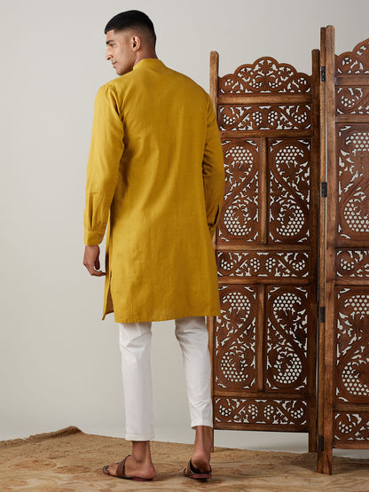 Men's Mustard Cotton Straight Kurta Pyjama Set