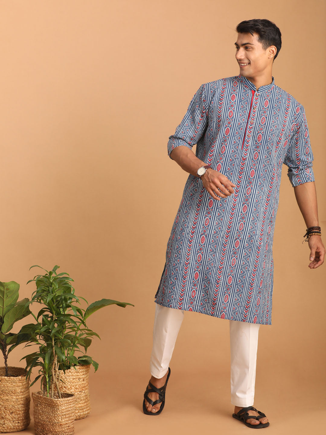 Men's Indigo Blue Cotton Straight Kurta Pyjama Set