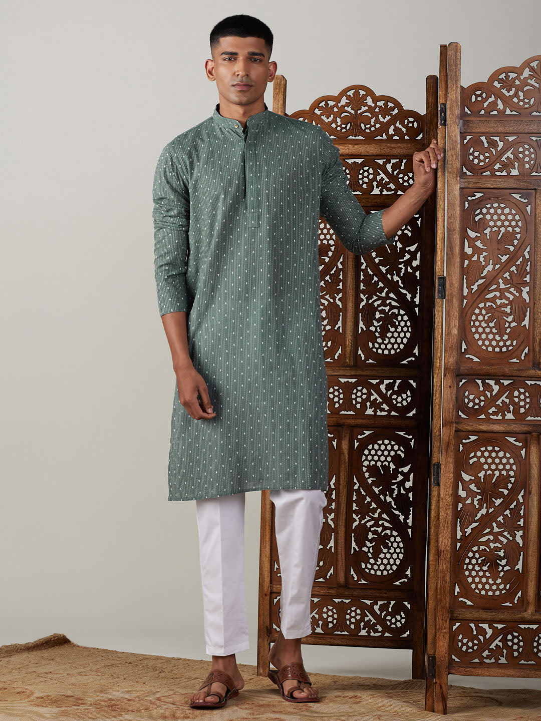 Men's Green Cotton Straight Kurta Pyjama Set