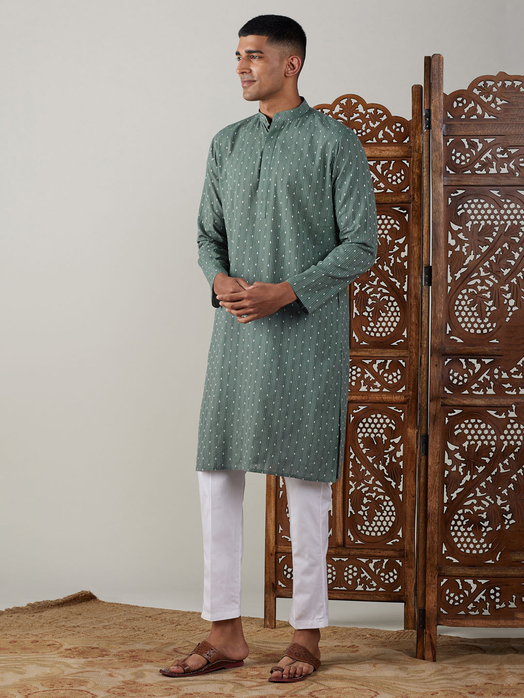 Men's Green Cotton Straight Kurta Pyjama Set