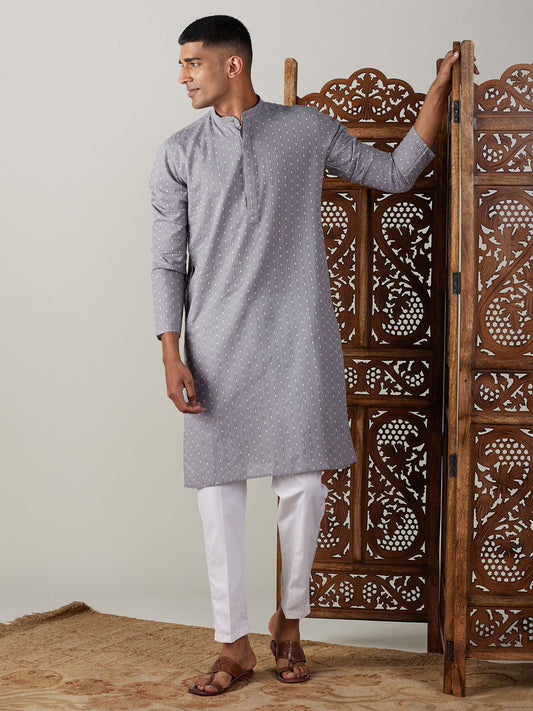 Men's Grey Cotton Straight Kurta Pyjama Set