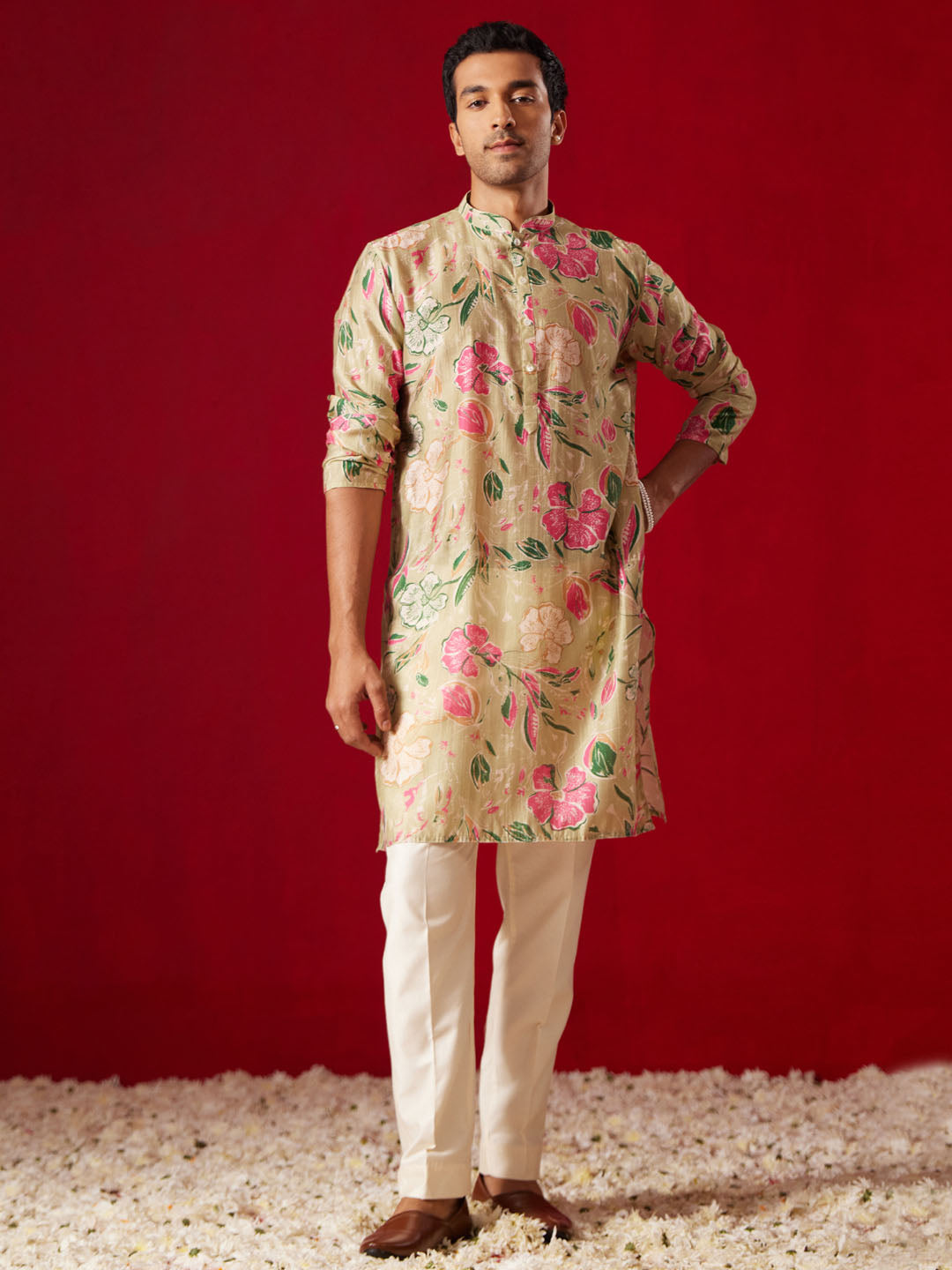 Men's Multi color Base Beige Cotton blend Straight Kurta Pyjama Set
