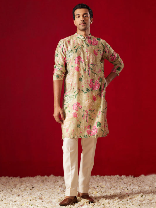 Men's Multi color Base Beige Cotton blend Straight Kurta Pyjama Set