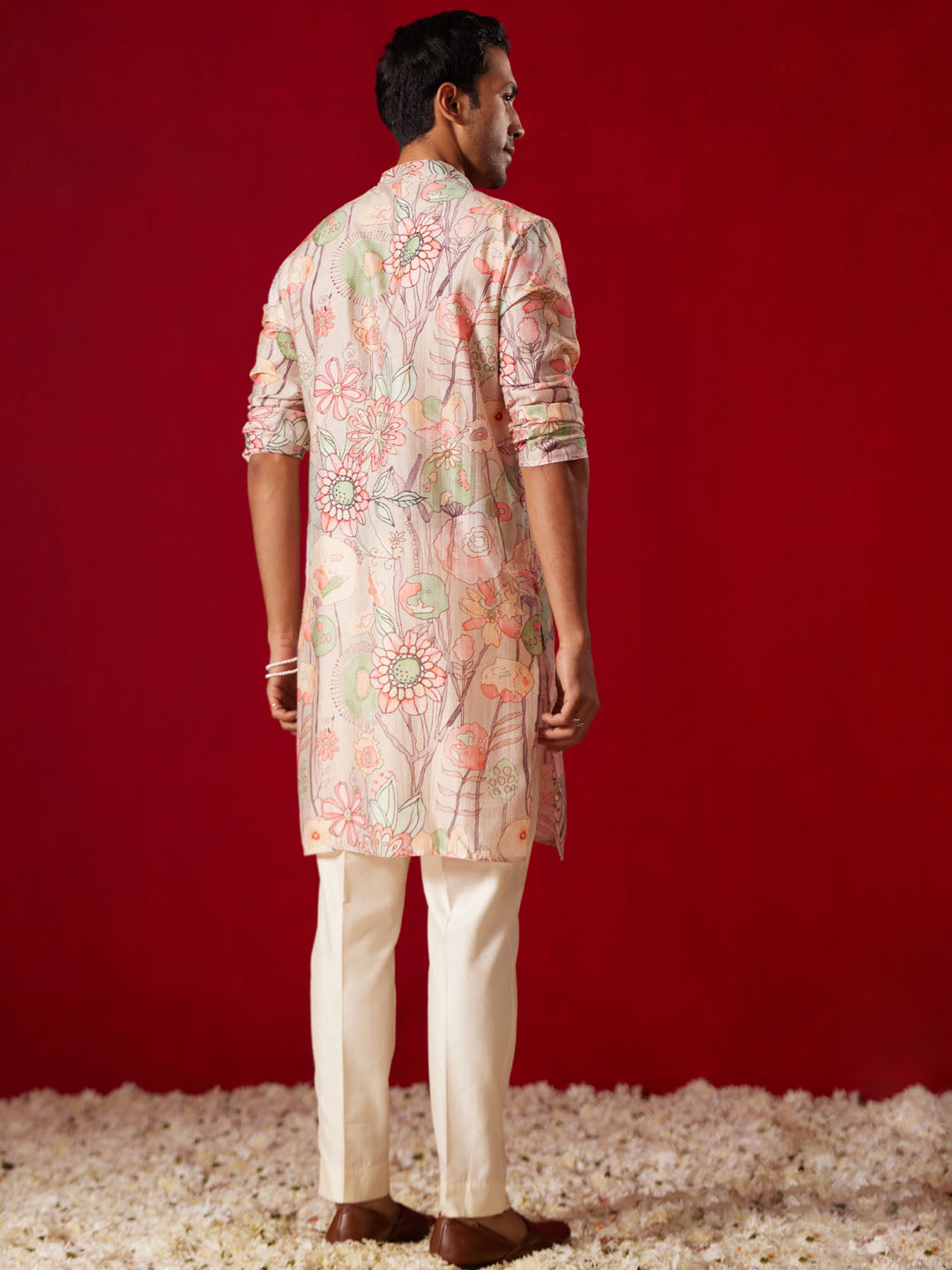 Men's Multi color Base Cream Cotton blend Straight Kurta Pyjama Set