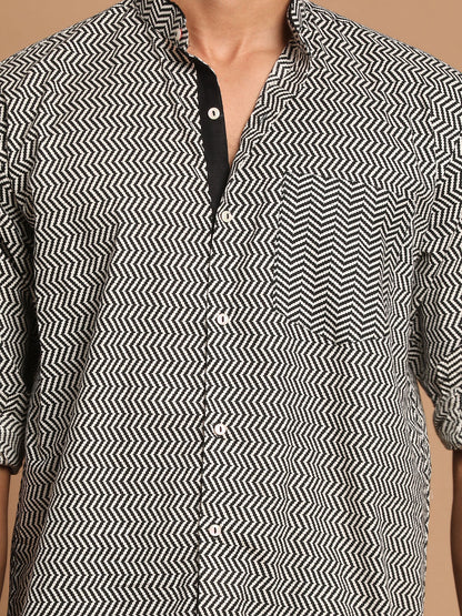 Men's Black Cotton Straight Ethnic Shirt