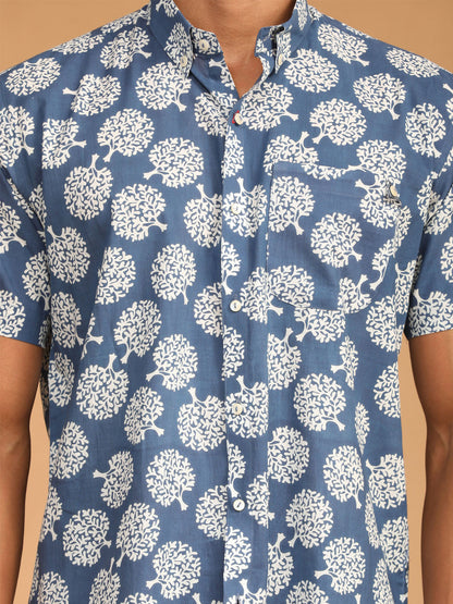 Men's Blue Cotton Straight Ethnic Shirt