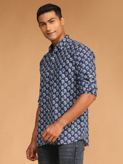 Men's Blue Cotton Blend Straight Ethnic Shirt