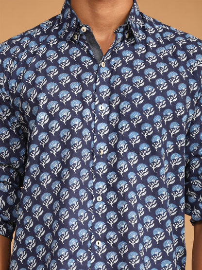 Men's Blue Cotton Blend Straight Ethnic Shirt