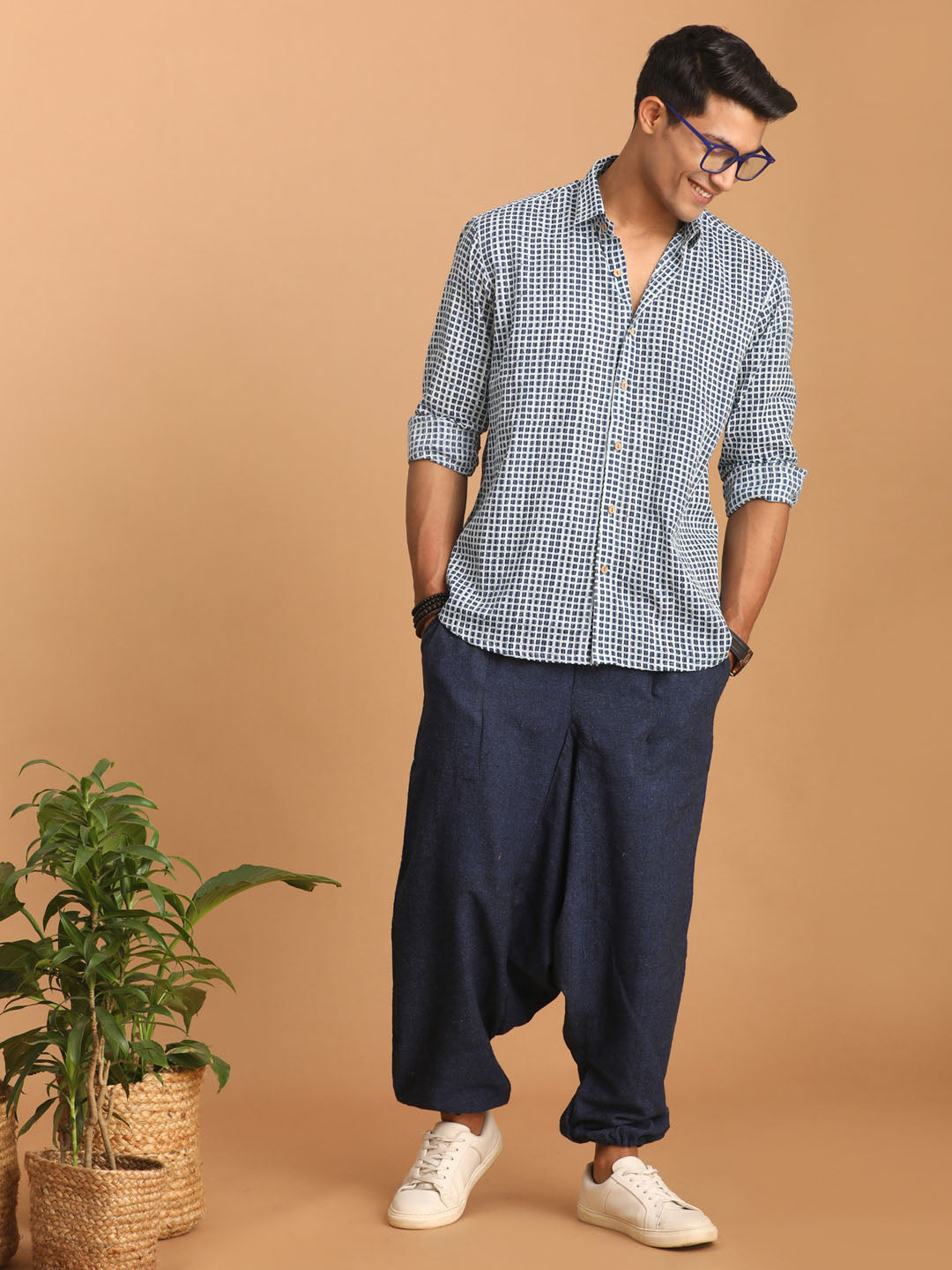 Men's Indigo Blue Cotton Straight Ethnic Shirt