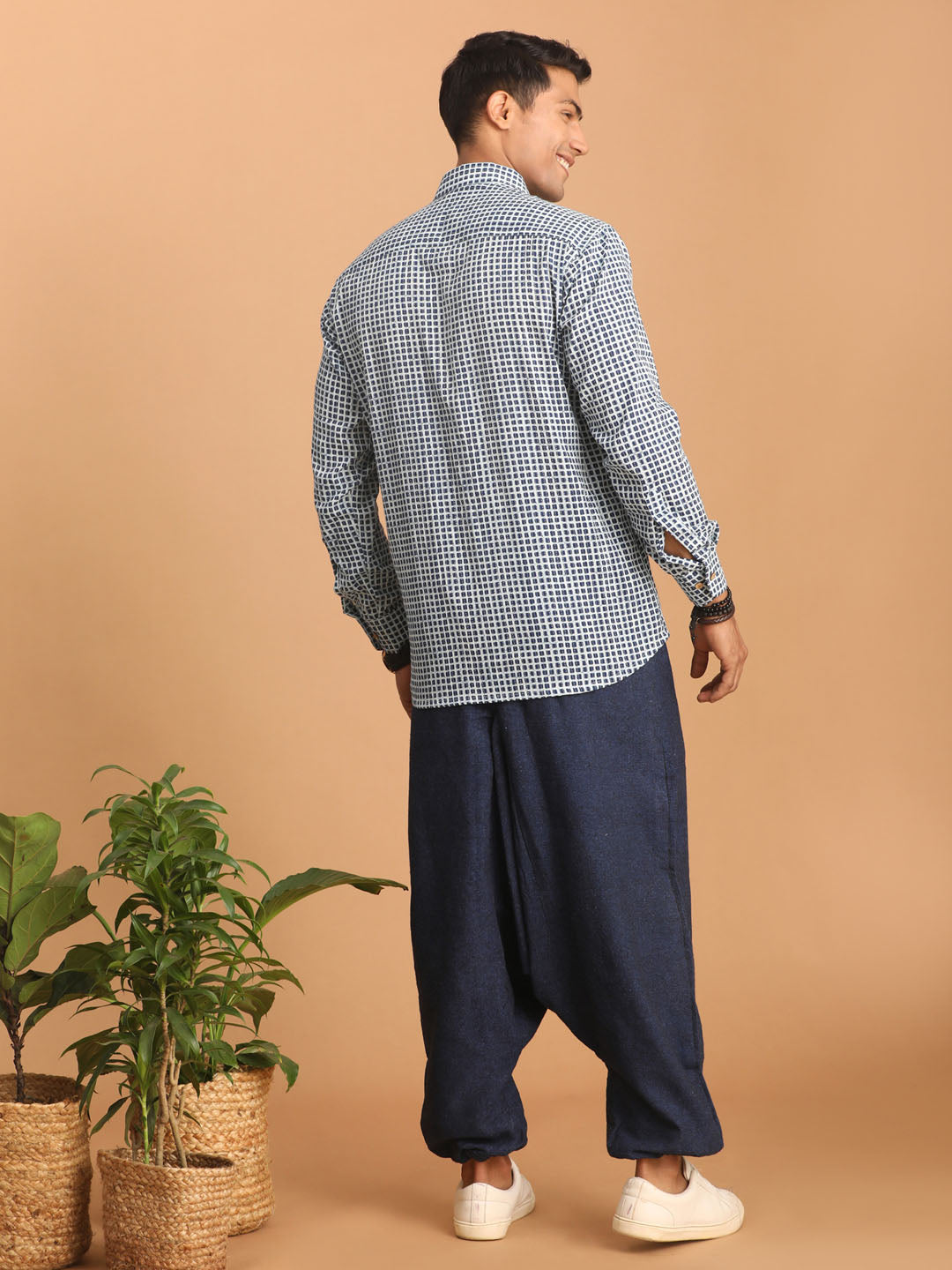 Men's Indigo Blue Cotton Straight Ethnic Shirt