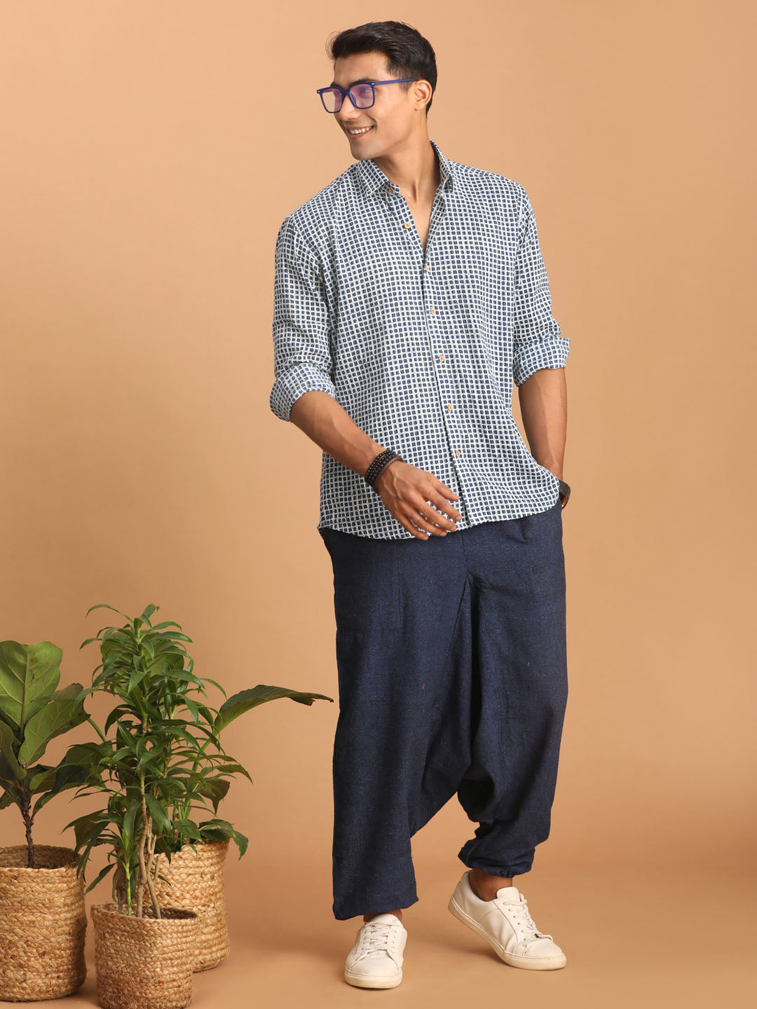 Men's Indigo Blue Cotton Straight Ethnic Shirt