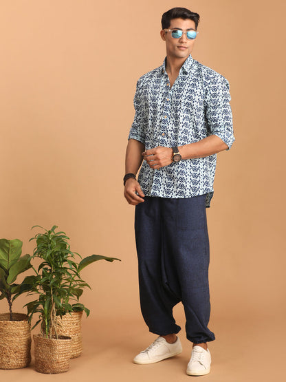 Men's Indigo Blue Cotton Straight Ethnic Shirt
