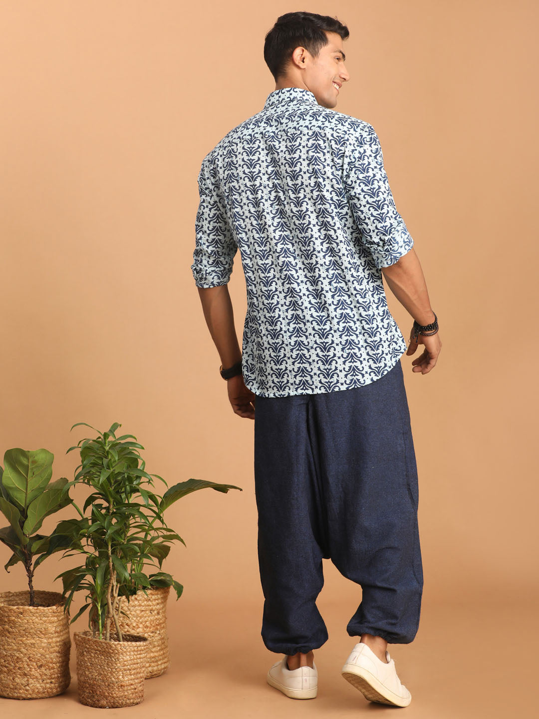 Men's Indigo Blue Cotton Straight Ethnic Shirt