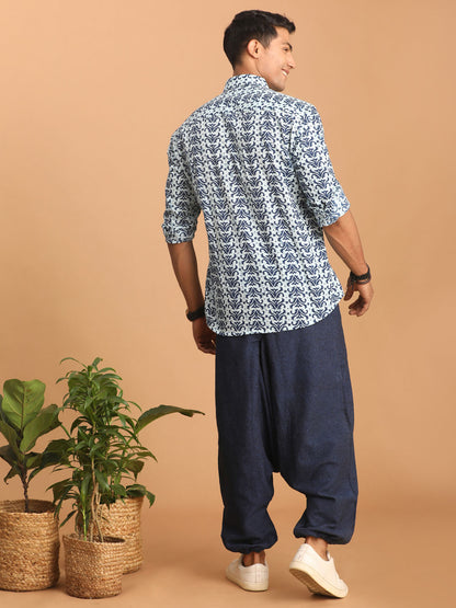 Men's Indigo Blue Cotton Straight Ethnic Shirt