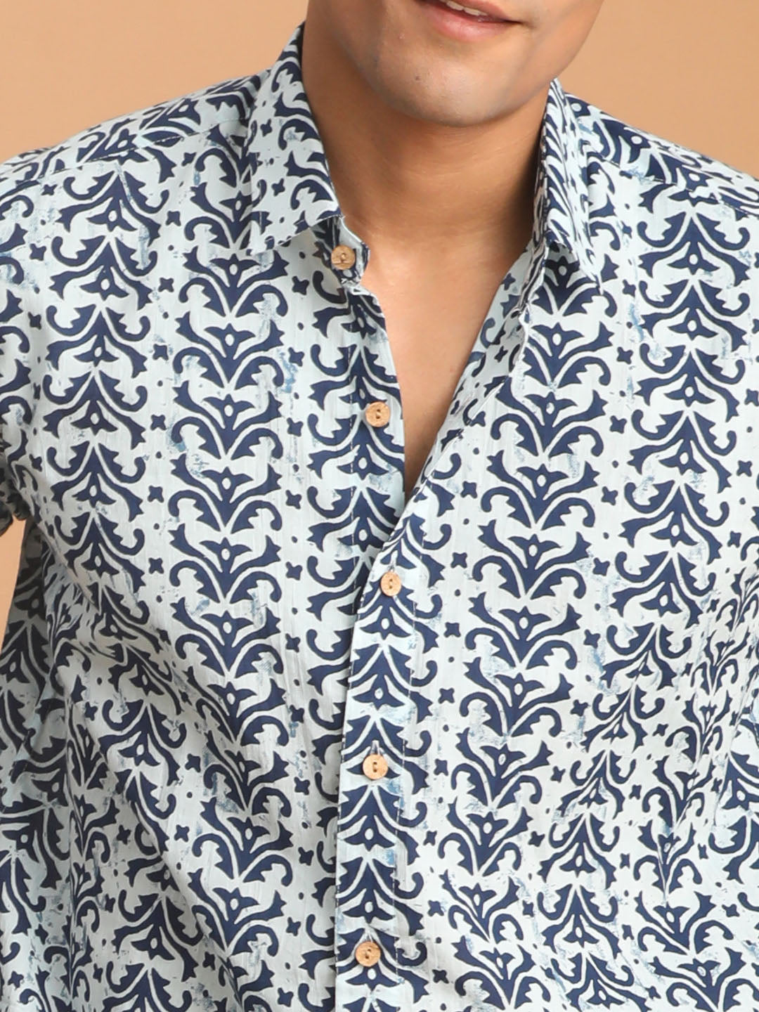 Men's Indigo Blue Cotton Straight Ethnic Shirt