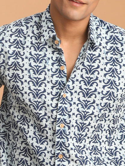 Men's Indigo Blue Cotton Straight Ethnic Shirt