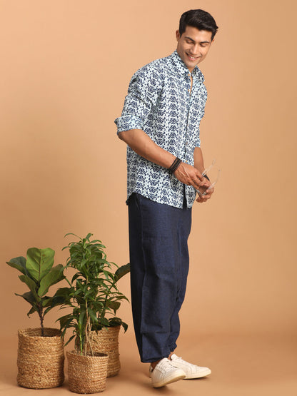 Men's Indigo Blue Cotton Straight Ethnic Shirt