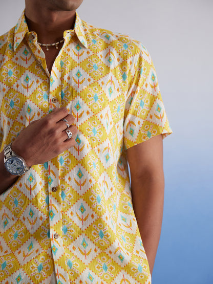 Men's Yellow Cotton Straight Ethnic Shirt