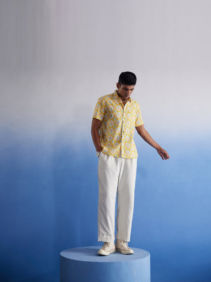 Men's Yellow Cotton Straight Ethnic Shirt