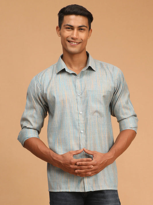 Men's Blue Cotton Straight Ethnic Shirt