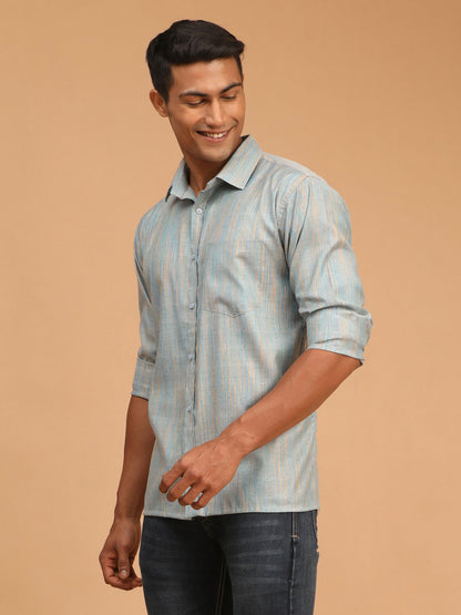 Men's Blue Cotton Straight Ethnic Shirt