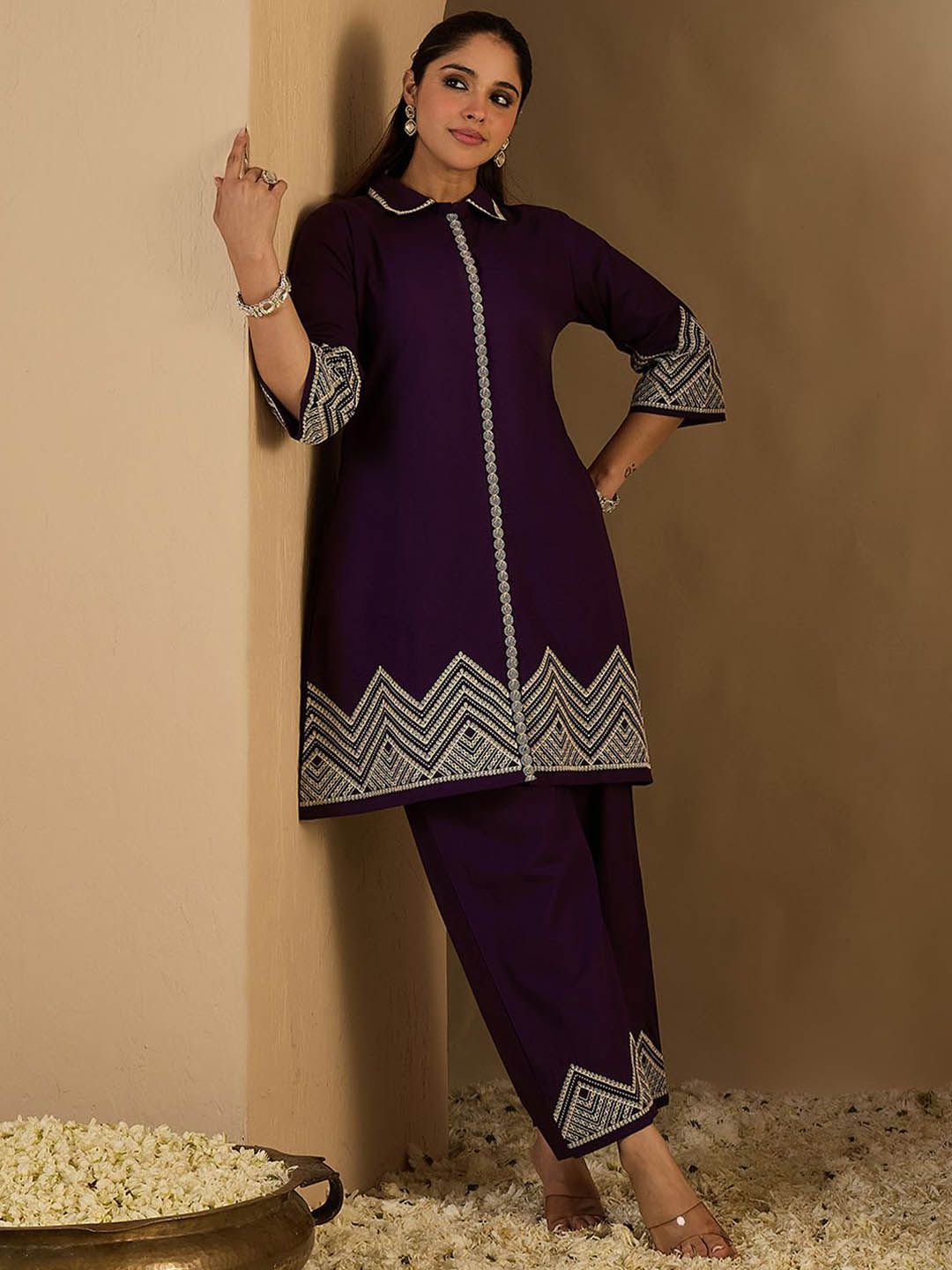 Dhiyona IE Embroidered Shirt Collar Pure Cotton A-Line Tunic With Trouser