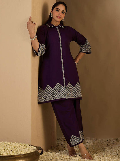 Dhiyona IE Embroidered Shirt Collar Pure Cotton A-Line Tunic With Trouser