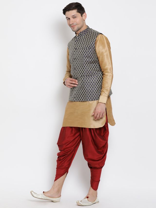 Men's Gold Silk Blend Straight Jacket  Kurta and Dhoti Set
