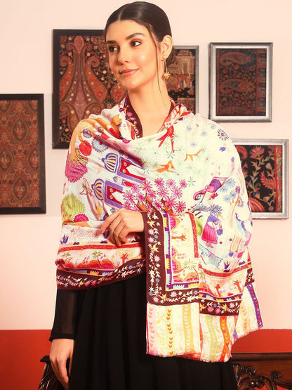 Dhiyona PA Floral Kalamkari Printed Woollen & Silk Shawl