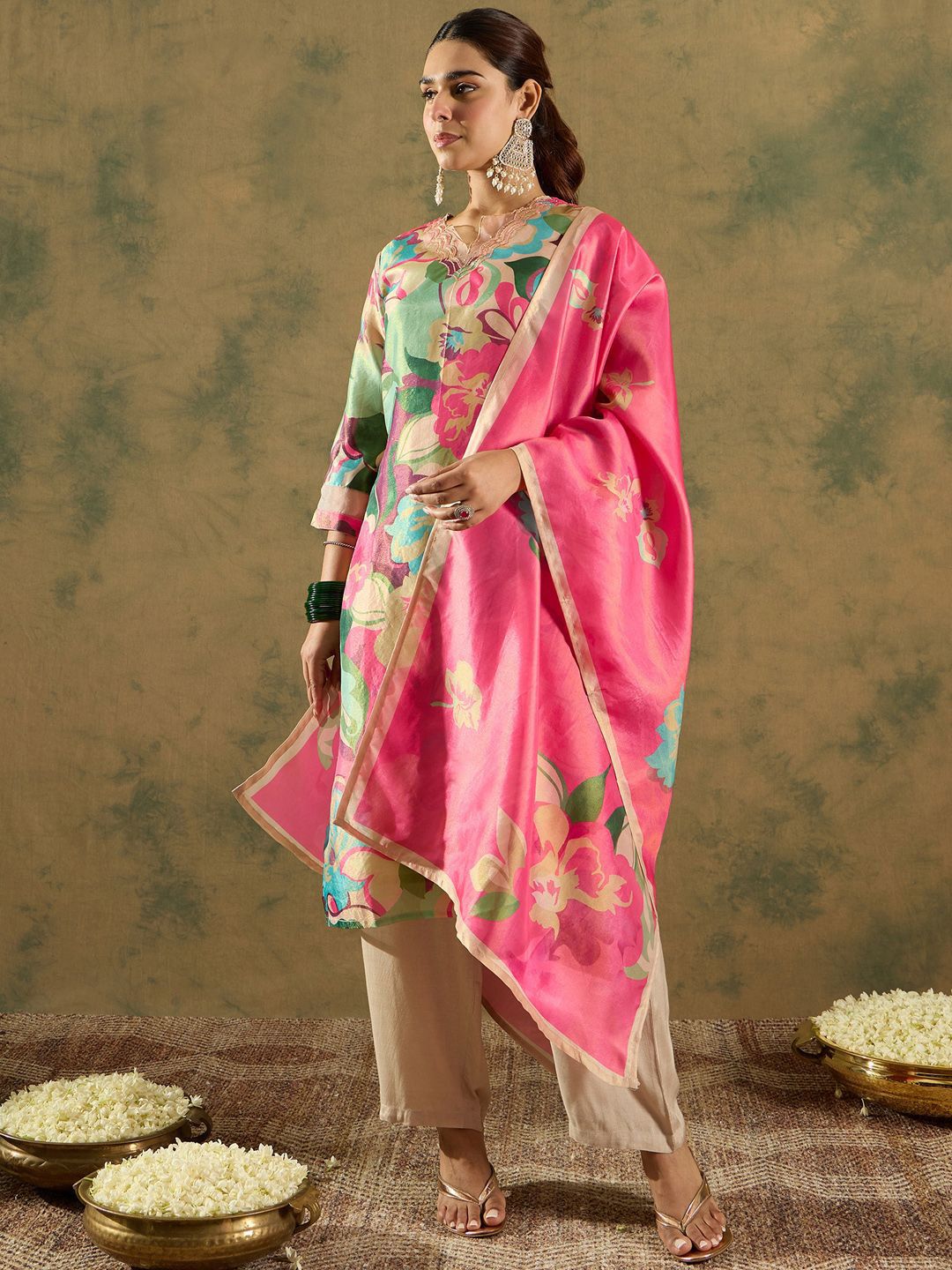 Floral Printed V-Neck Kurta with Trouser & Dupatta