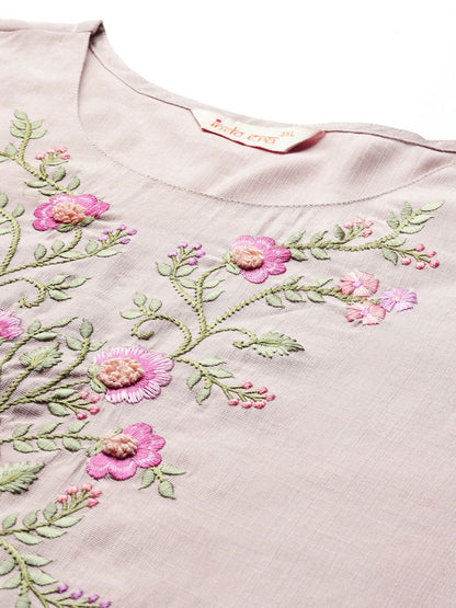 Floral Embroidered Regular Thread Work Round Neck Kurta with Trousers & Dupatta