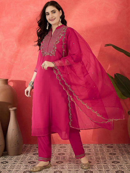 Dhiyona SN Women's Floral Embroidered Mandarin Collar Sequinned Straight Kurta Trousers & Dupatta