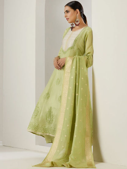 Dhiyona IS Women's Green Ethnic Motifs Embroidered Chanderi Silk Anarkali Kurta With Trousers & Dupatta