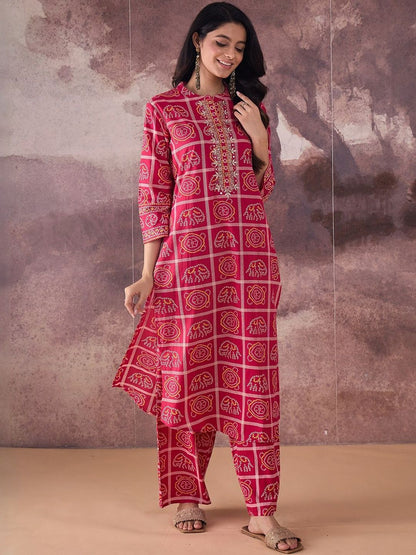 Dhiyona IE Printed Mandarin Collar Pure Cotton Tunic With Trousers
