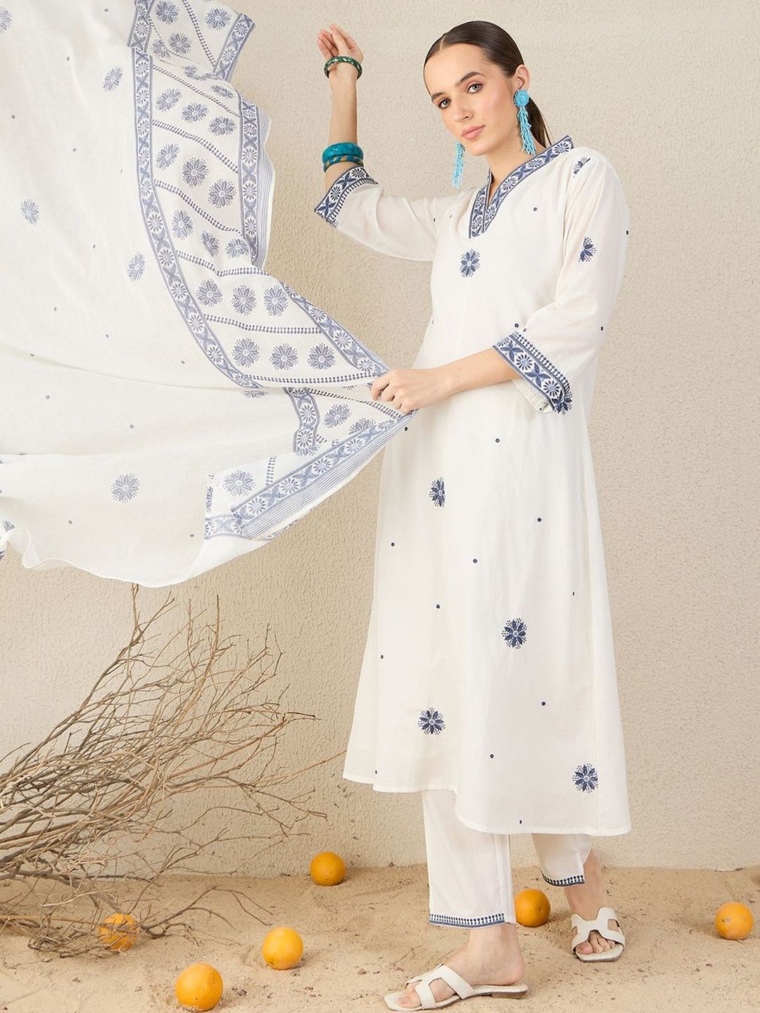 Floral Embroidered V Neck A-Line Pure Cotton Kurta & Trousers With Dupatta