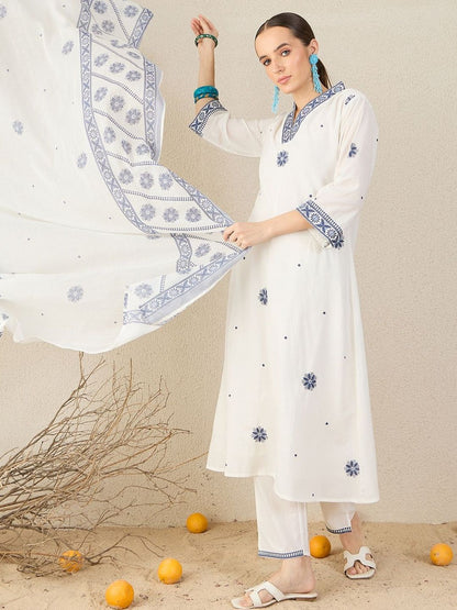Floral Embroidered V Neck A-Line Pure Cotton Kurta & Trousers With Dupatta